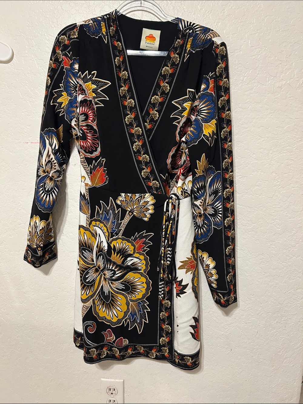 🎒FARM rio floral border print wrap mini dress long sleeve size S GUC - Picture 3 of 13